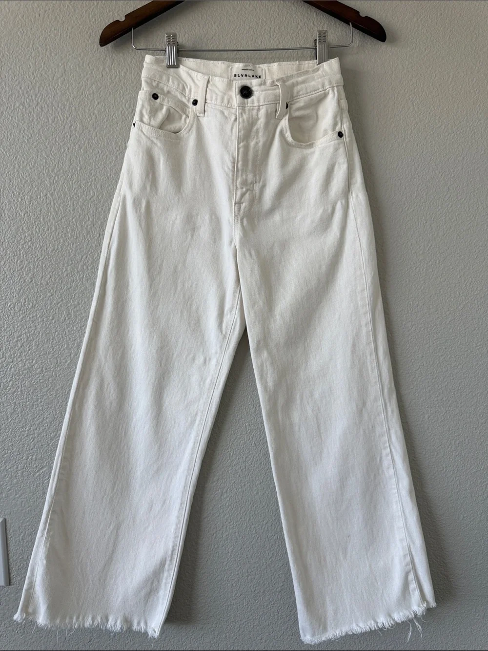 SLVRLAKE Grace Crop White High Rise Wide Leg Jeans Size 25 Raw Hem Premium Denim